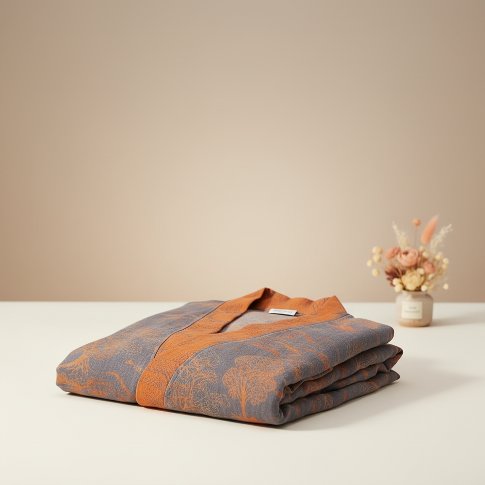 Breezia robe in a soft, light fabric, artfully folded on a minimalist surface with a creamy beige and light taupe gradient ba