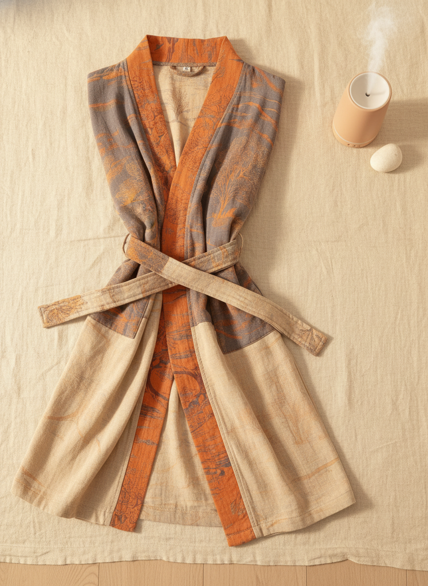 A light, soft Breezia robe draped elegantly on a warm cream surface, with a subtle golden honey glow and a soft peach accent.
