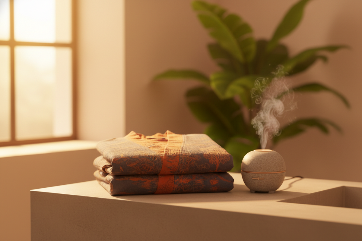 A stack of folded Breezia towels in warm ivory and creamy beige on a light taupe surface, next to a stone grey diffuser, with